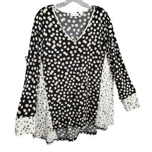 Susan Graver XL Tunic Top Polka Dot V Neck Liquid Knit Long Sleeve Flared Hem